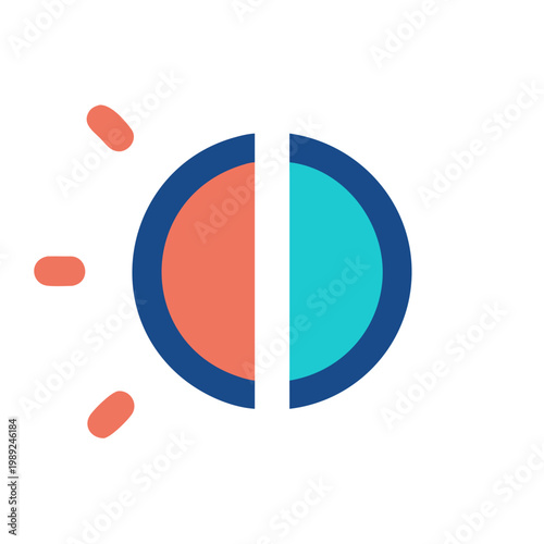 Divided circle graphic illustrating duality or contrast with sunbeam icons on black background