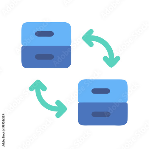 Data synchronization process illustration depicting two databases exchanging information using circular arrows