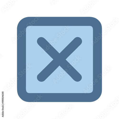 Blue box with cross on black background indicating removal and cancellation