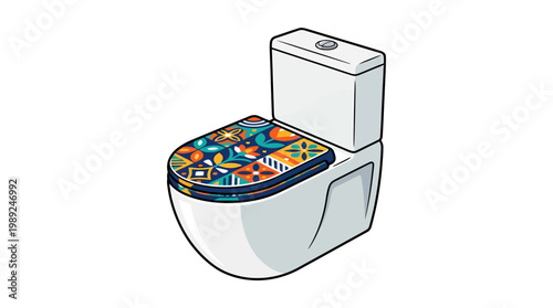 Toilet with colorful mosaic seat lid.