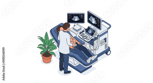 Medical professional conducting an ultrasound scan on a pregnant patient using advanced diagnostic equipment in a clinic.