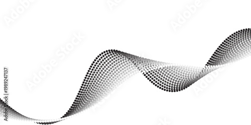 Dotted wave line background. Black halftone undulate pattern. Abstract particle flow wave wallpaper. Curved dashed gradient net design element for poser, banner, presentation, booklet, flyer. Vector