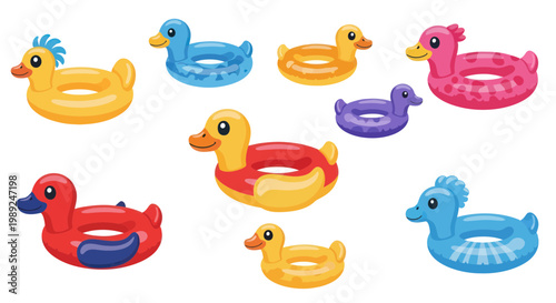 Collection of colorful inflatable duck pool floats, isolated on white background