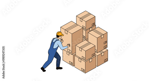 Logistics worker in blue overalls and a yellow cap pushing a heavy stack of cardboard boxes for delivery or storage.
