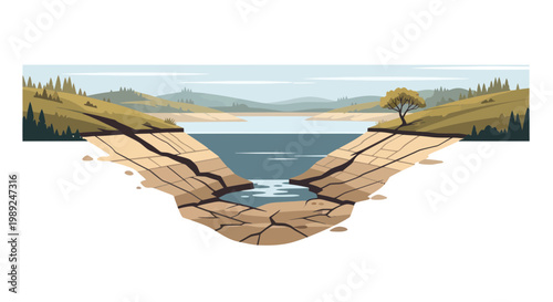 Drought and Low Water Levels in Reservoir, Cracked Dry Earth, Environmental Crisis