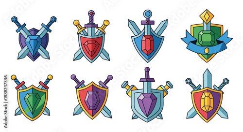 Fantasy Shields and Swords Emblems Set, Medieval Game Icons, Vector Illustration