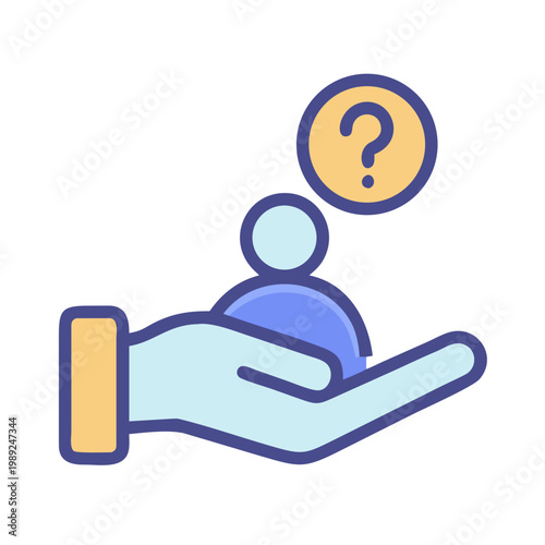 Person with question mark icon rests in hand symbol on black background