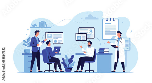 Medical research and collaboration scene showing doctors and scientists analyzing patient data and charts in a laboratory.