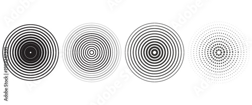 Black concentric circle set. Sonar or sound wave ring collection. Dotted and linear epicentre, target, radar icon concept. Ripple radial signal or vibration elements. Vector line and halftone symbols