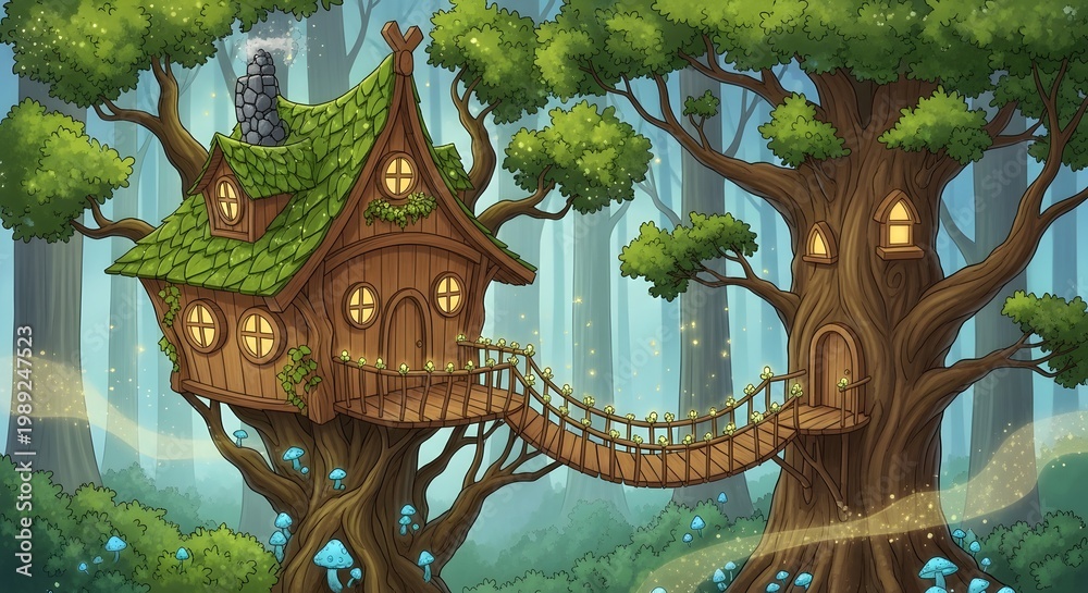Fototapeta premium Whimsical Pixel Art Treehouse Village Nestled Among Lush Green Trees in a Magical Forest Setting with Glowing Lights