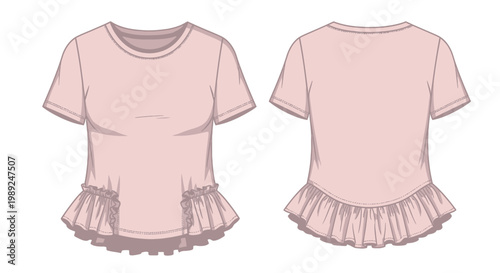 Pink Peplum T-Shirt Mockup, Front and Back View Fashion Design Sketch
