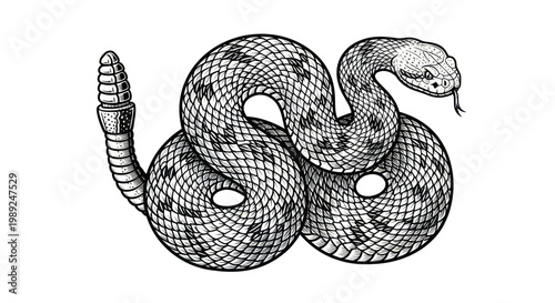 Rattlesnake coiled, black and white sketch, warning pose, dangerous reptile