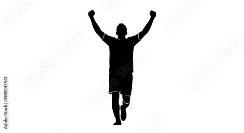Silhouette of a triumphant runner with arms raised in celebration, isolated on white background.