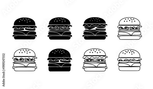 Minimal burger icon set silhouette and outline vector illustration food logo isolated on white background