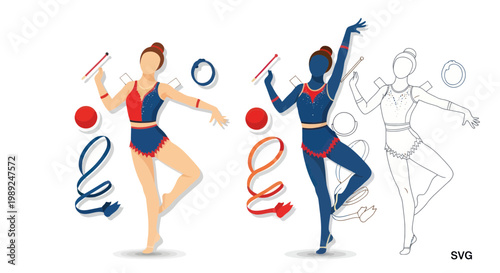 Rhythmic Gymnastics Girls in Leotards with Ribbons and Balls, Vector Art