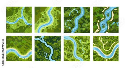 Top View River Landscape: Abstract Forest & Water Aerial Maps