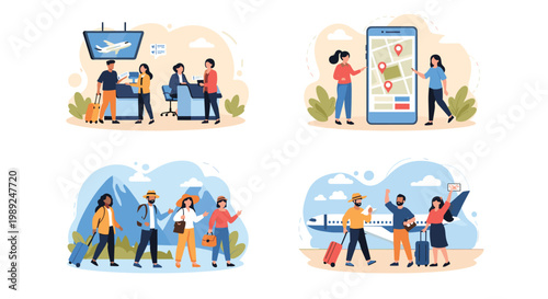 Collection of scenes showing diverse people traveling through airports and hiking in nature for a vacation trip.