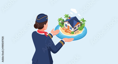 Back view of a flight attendant holding a miniature tropical island paradise with a vacation house and palm trees.