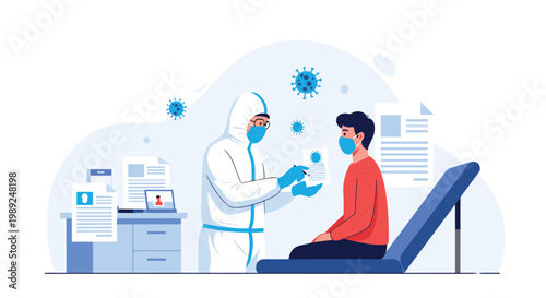 Medical professional in a protective hazmat suit examining a patient while testing for a viral infection in a clinic.