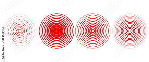 Red concentric ripple circles set. Sonar or sound wave rings collection. Epicentre, target, radar icon concept. Radial signal or vibration elements. Halftone vector illustration