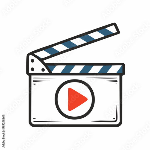 A cartoon-style clapperboard with a red play button icon.