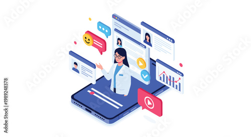 Digital assistant or social media influencer appearing on a smartphone screen surrounded by data and chat icons.