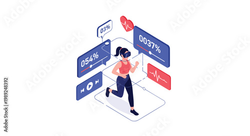 Active woman wearing a virtual reality headset while running, with digital fitness metrics and health data visible.