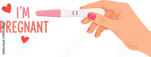 Positive pregnancy test held by woman hand, I'm Pregnant text with red hearts, medical diagnostic tool vector illustration for motherhood announcement