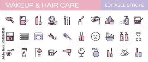 Flat lay makeup and hair care essentials with beauty tools and cosmetics on pink background