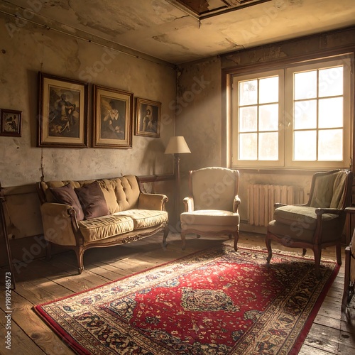 Dilapidated room with antique furniture, sunlight streams, framed pictures
