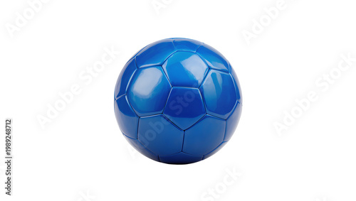 Shiny blue soccer ball with hexagonal panels, isolated on transparent background