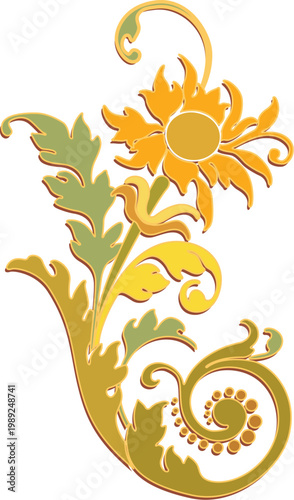 Elegant ornate floral and vine decorative design with a sunflower motif