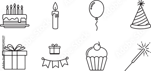 Birthday icons, party symbols, celebration graphics, line art set isolated on Transparent Background