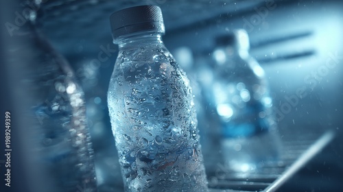 Refreshing Hydration: A close-up shot of a chilled water bottle, beads of condensation glistening, nestled among others in a cool environment, evoking a sense of quench and purity.