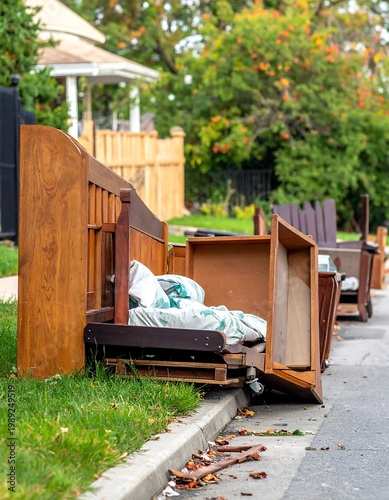 Discarded wooden furniture by curb, grass and foliage in front