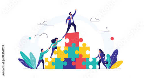 Group of business people working together to build a puzzle tower to help their leader reach the top and celebrate success.