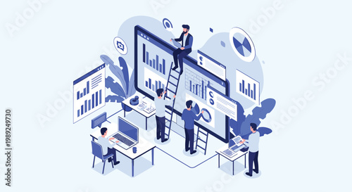 Team of data analysts working on a giant digital screen with charts and graphs while using ladders to reach different sections.