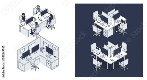 Collection of isometric office desk arrangements showing people working at computer monitors in individual cubicles and teams.