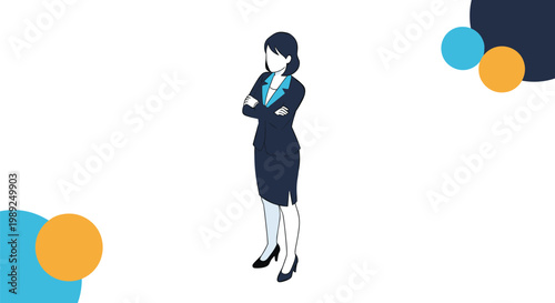 Professional businesswoman character with a customizable head gallery showing different hairstyles and facial features for animation.