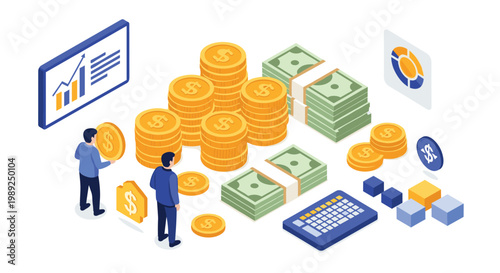 Two financial professionals managing large stacks of gold coins and banknotes with charts showing investment growth and profit.