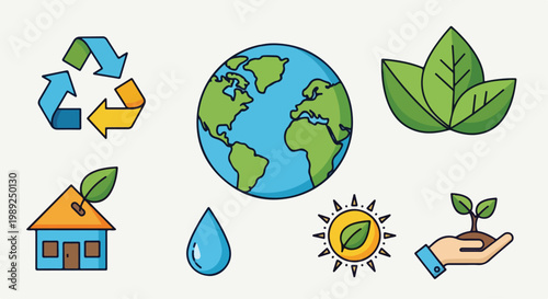 Eco friendly environmental icons set, green energy and recycling symbols, flat vector illustrations for sustainability and earth day projects