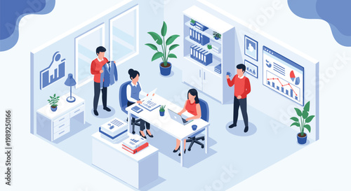 Isometric office space showing a team of diverse professionals working together at desks with computers and data charts.