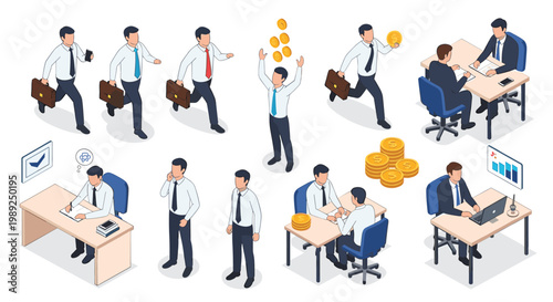Busy office environment showing various professional activities including meetings, desk work, commuting, and financial success icons.