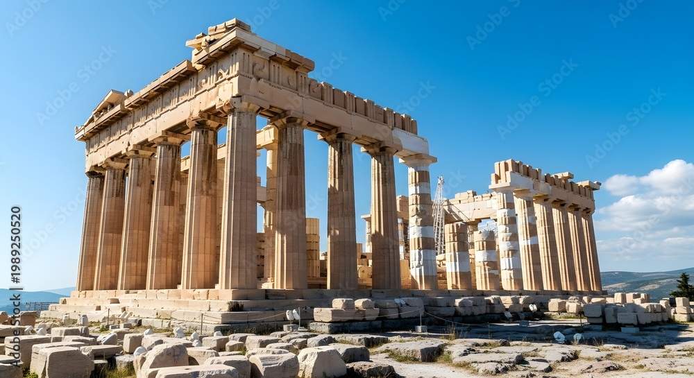 Obraz premium Ancient Greek Parthenon Temple Acropolis Landmark Under Bright Blue Sky Daytime Sunny Weather