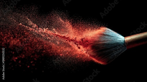 Vibrant Red Cosmetic Powder Emanating from Brush Against Black Background in Artistic Makeup Display