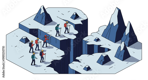 Team of adventurous mountaineers wearing winter gear and backpacks hiking along a dangerous icy cliff with deep snowy crevasses.