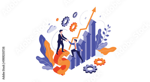 Successful businessmen helping each other climb a growing bar chart on top of a large dollar sign symbolizing financial team achievement.
