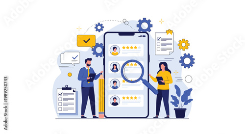 Human resources and recruitment concept showing people using a magnifying glass on a large smartphone screen to evaluate job candidates.