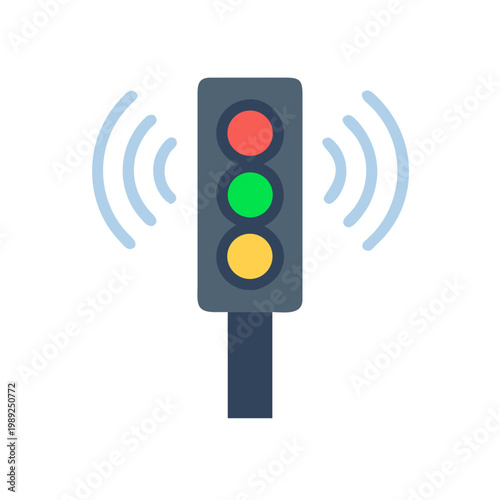 Smart traffic light with connection signal on black background flat illustration