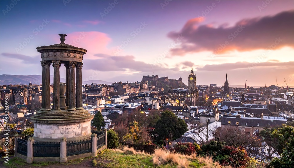 Fototapeta premium City skyline with ancient monument at twilight, soft hues